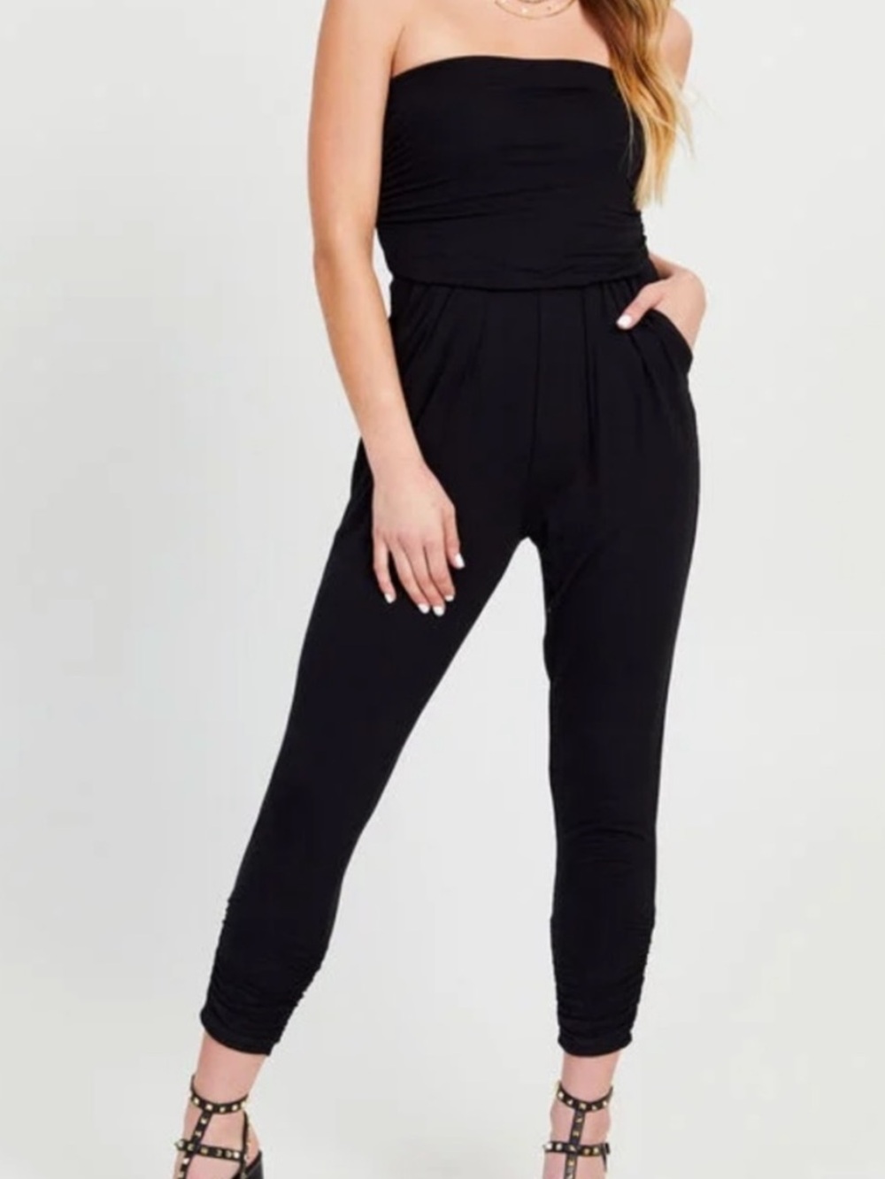 ADC strapless jumpsuit black knit tapered leg pockets size XS